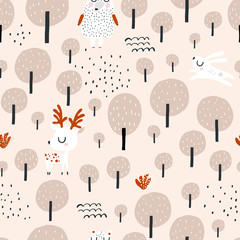 Seamless worest pattern with deer, bear, rabbit. Creative forest texture for fabric, wrapping, textile, wallpaper, apparel. Vector illustration