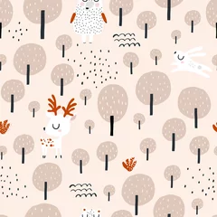 Foto auf Acrylglas Fuchs Nahtloses Worest-Muster mit Hirschen, Bären, Kaninchen. Kreative Waldtextur für Stoff, Verpackung, Textilien, Tapeten, Bekleidung. Vektor-Illustration