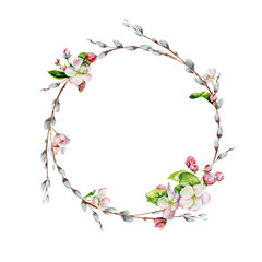 Hand-drawn watercolor drawing of wreath for Easter holiday with pussy-willow  bohemian style design, isolated spring season illustration on white with pink apple tree flowers. - 317925116