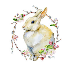 Hand-drawn watercolor drawing of wreath for Easter holiday with pussy-willow bohemian style design and rabbit, isolated spring season illustration on white with pink apple tree flowers and bunny.