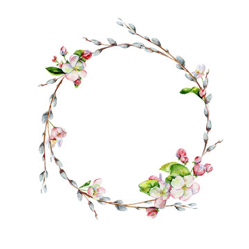 Hand-drawn watercolor drawing of wreath for Easter holiday with pussy-willow  bohemian style design, isolated spring season illustration on white with pink apple tree flowers.