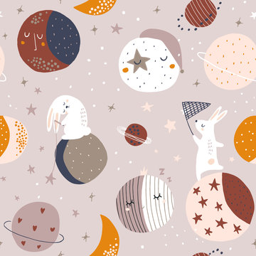 Seamless childish pattern with bunny princess. Creative kids texture for fabric, wrapping, textile, wallpaper, apparel. Vector illustration