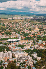 Naklejka premium Tbilisi Georgia. Aerial View Of Baratashvili Bridge, Sameba Complex, Holy Trinity Cathedral, Sunny