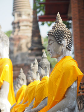 Stucco Buddha images in the Ayutthaya period enshrined at the Wat Yaichaimongkol, Buddhist Temple