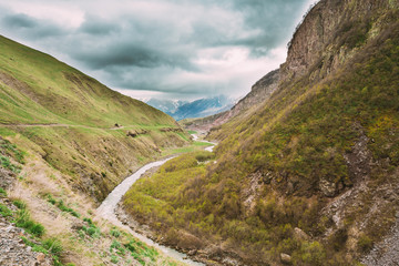 Spring Landscape With River Terek Near Ketrisi Village In Kazbegi District, Mtskheta-Mtianeti Region, Georgia