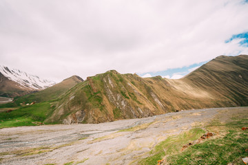 Karatkau Village, Kazbegi District, Mtskheta-Mtianeti Region, Georgia. Truso Gorge Spring Mountain Landscape