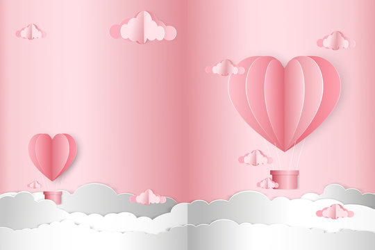 Vector illustration, Paper art of Valentine invitation or greeting card with hot air balloons heart flying and clouds on pink pastel background, copy space for text, Valentine's day concept