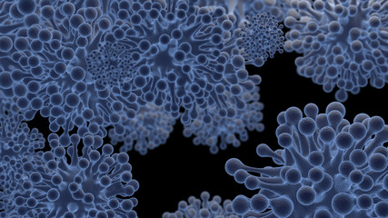 Coronavirus molecule microscopic 3d illustration. Concept of virus infection. Isolate on black background. Selective focus macro shot with shallow DOF