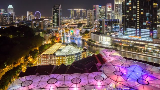 Elevated view over the city skyline and riverside restaurants at the entertainment district of Clarke Quay, Singapore, South East Asia
