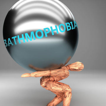 Bathmophobia as a burden and weight on shoulders - symbolized by word Bathmophobia on a steel ball to show negative aspect of Bathmophobia, 3d illustration