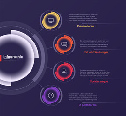 Vector infographic round chart template on a deep blue background. Four options