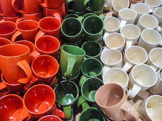 many colorful bowls in the store