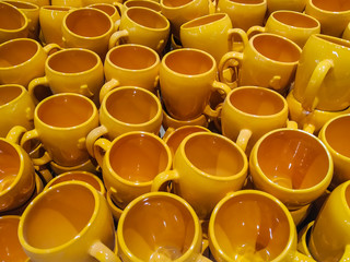 many colorful bowls in the store