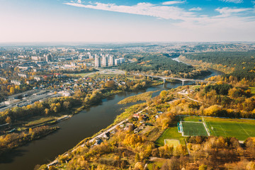 Fototapeta premium Grodno, Belarus. Aerial Bird's-eye View Of Hrodna Cityscape Skyline. Residential District In Sunny Autumn Day