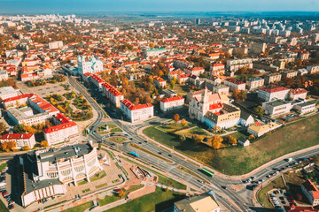 Naklejka premium Grodno, Belarus. Aerial Bird's-eye View Of Hrodna Cityscape Skyline. Famous Popular Historic Landmarks In Sunny Autumn Day