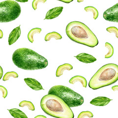 Avocado basil watercolor illustration seamless pattern.