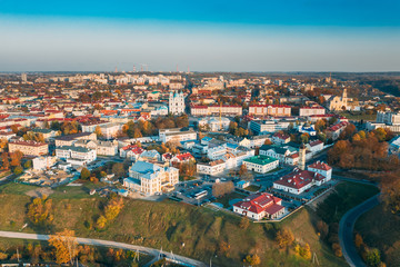 Grodno, Belarus. Aerial Bird's-eye View Of Hrodna Cityscape Skyline. Famous Popular Historic Landmarks In Sunny Autumn Evening
