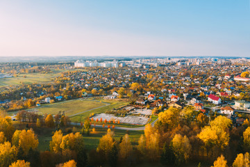 Grodno, Belarus. Aerial Bird's-eye View Of Hrodna Cityscape Skyline. Residential District In Sunny Autumn Day