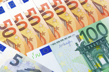 Euro cash. banknotes of 5, 50 and 100 euros. the currency of the European Union. money background