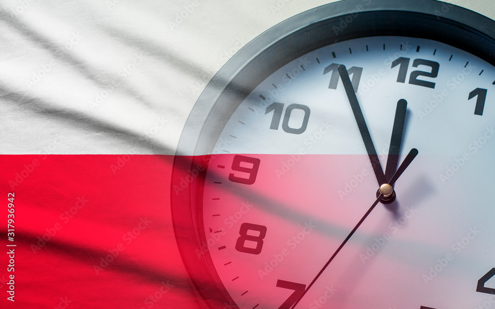Wall mural composite image of the poland flag and clock