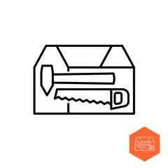 Toolbox icon. Simple line style wooden box with tools. Hammer and hand saw symbols inside. Adjustable line width.