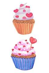 watercolor muffin with hearts for valentines day
