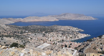 Beautiful mountain landscape. Sea city. Mountain village. Greek island. Greece.Simi Island.	