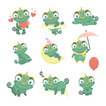 Cartoon Chameleon Cute Illustration Set..