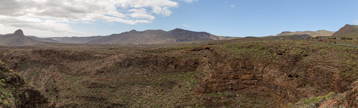 Panoramic view of Barranco de las Vacas in Agüimes, Gran Canaria, Canary islands Spain. Geology and volcanic concept.