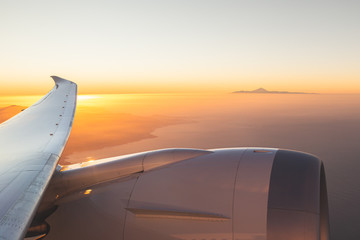 Wonderful aerial views at sunset of el Teide  seen from .the window of the plane in  Gran Canaria....