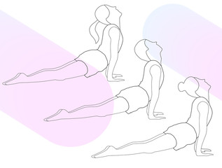 Training yoga, gymnastics or acrobatics.Girls and boy meditating in yoga upward dog position. Dog pose. Yoga acro workout. Set of vector flat design illustrations isolated on white background.