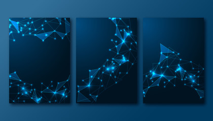 Futuristic set of posters with abstract scientific glowing low polygonal background on dark blue.