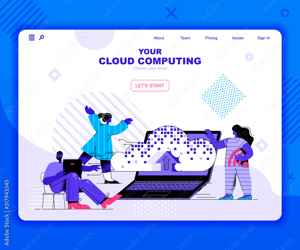 Aufkleber Cloud computing landing page vector template. Data and info storage website header UI layout with flat illustration. Database server, hosting infrastructure web banner flat concept