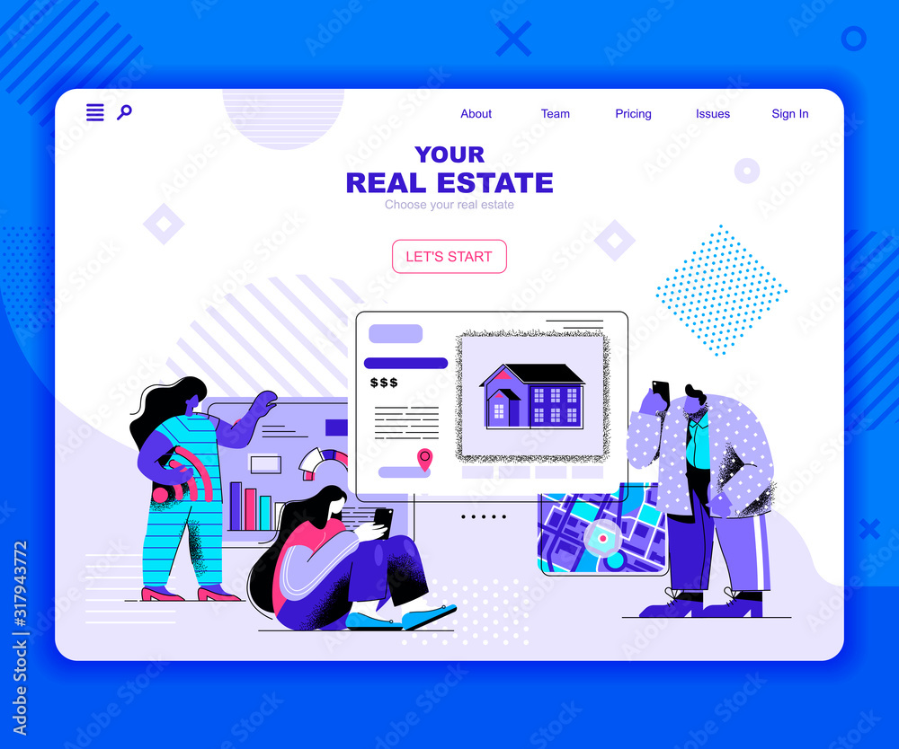 Fototapete real estate landing page vector template. private property website header ui layout with flat illust
