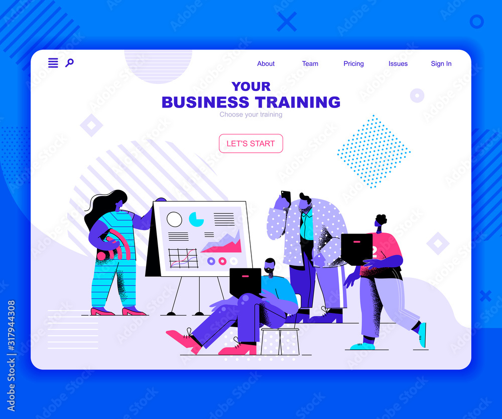 Poster Business training landing page vector template. Coaching session with mentor website header UI layout with flat illustration. Seminar for employees and executives web banner flat concept