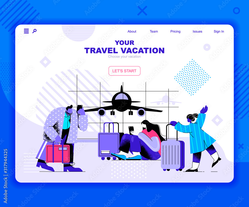 Aufkleber travel vacation landing page vector template. international voyage with suitcase website header ui l
