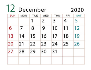 2020年カレンダー　12月