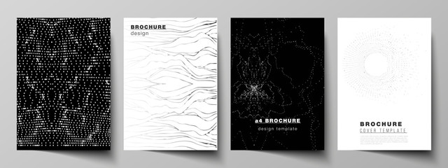 The vector layout of A4 format modern cover mockups design templates for brochure, magazine, flyer, booklet. Trendy modern science or technology background with dynamic particles. Cyberspace grid.