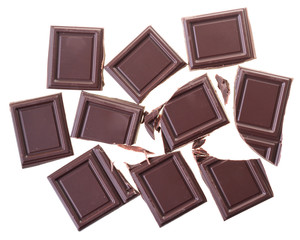 chocolate bar with scattering of coffee beans top view isolated