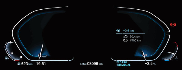 Illustration of empty illuminated car dashboard panel concept. Modern digital LCD instrument cluster without gauge needles and digits. Close up of two blank speedometer and tachometer circle dials.