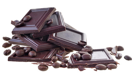 chocolate bar with scattering of coffee beans isolated
