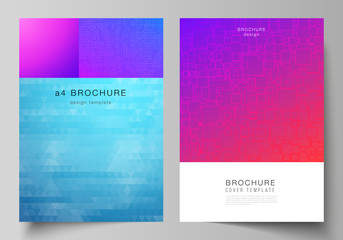 The vector layout of A4 format modern cover mockups design templates for brochure, magazine, flyer, booklet, annual report. Abstract geometric pattern with colorful gradient business background.