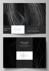 The vector layout of two A4 format modern cover mockups design templates for bifold brochure, magazine, flyer, booklet, annual report. Smooth smoke wave, hi-tech concept black color techno background.