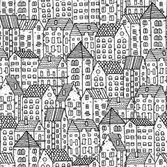 Obraz premium Seamless pattern of city. Black and white vector illustration with hand-drawn old houses. Cityscape.