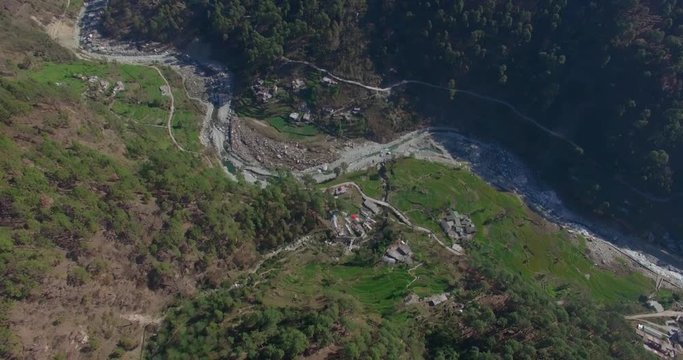 Himalayan hills and town. Aerial view of Himalayan village & town. Beautiful green view, forest, Hills of Himalayan range, Uttarakhand, India. 