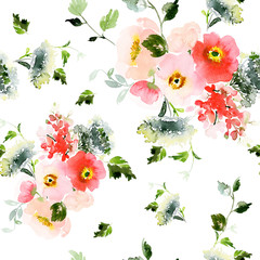 Seamless watercolor pattern with a bouquet of anemone on a white background - 317947754