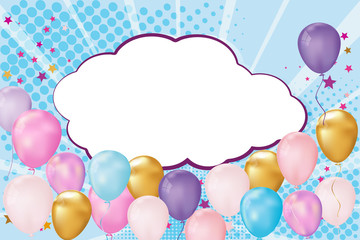 Happy birthday balloons on a beautiful Pop art retro comic background with an empty banner. Vector illustration