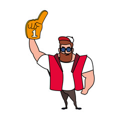 man holding a hand glove with number 1 fan, yellow foam finger