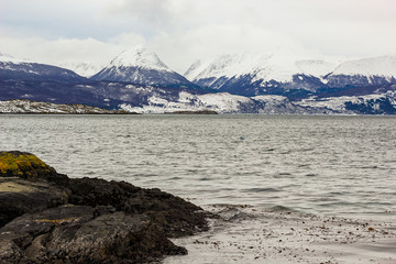 coast from the sea, mountains on background