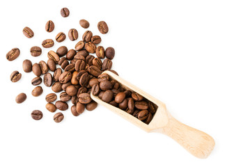 Coffee beans spilled out of a wooden spatula on a white. The view of the top.